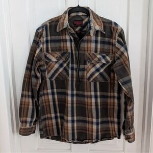 VTG Five Brother Mens 1/2 Zip Heavy‎ Flannel Shirt MEDIUM Plaid Work Wear Layer